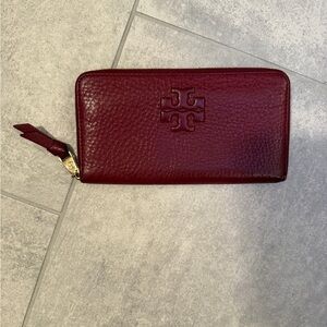 Tory Burch Deep Red Zip Leather Wallet